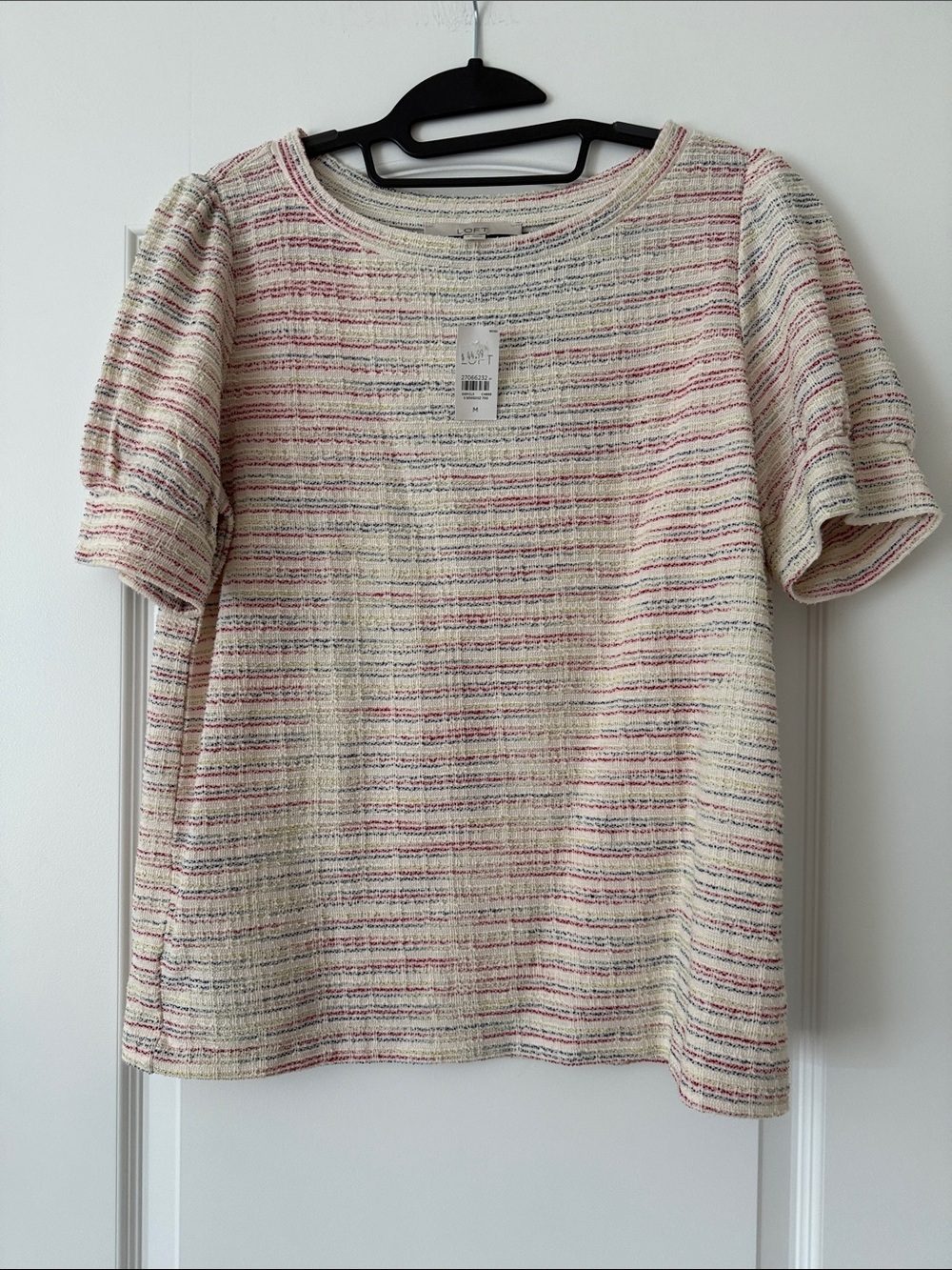 LOFT Cream Tweed Short Sleeve Top with Pink & Blue Accents